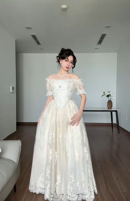 Vintage Ivory A Line Off the Shoulder Lace Satin Tulle Prom Dress Wedding Dress SH4471