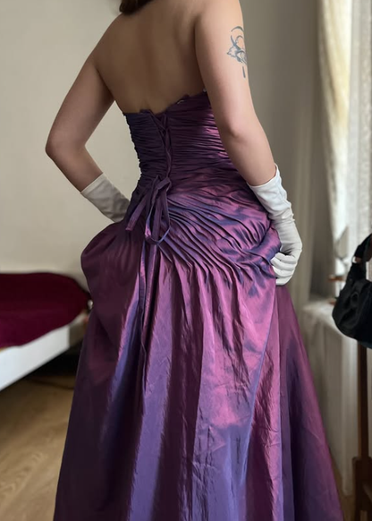 Vintage A Line Strapless Pleated Purple Satin Prom Dress Evening Dress SH6071