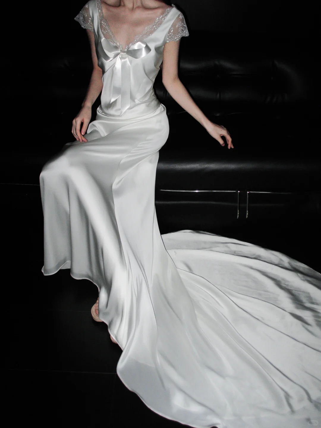 Sweety A Line Bow White Lace Satin Long Sweep Wedding Dress SH5229