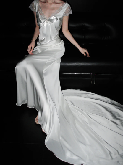 Sweety A Line Bow White Lace Satin Long Sweep Wedding Dress SH5229