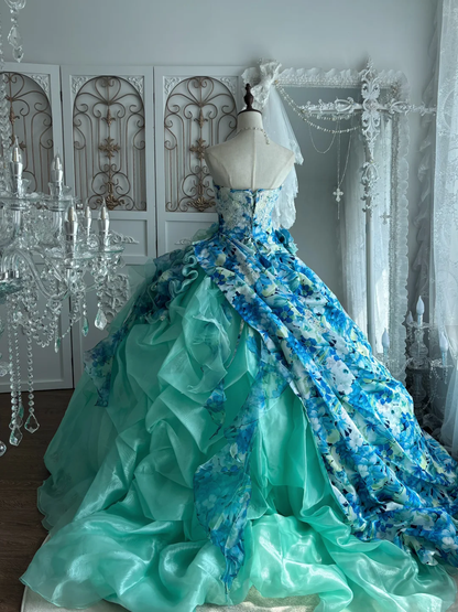 Vintage Dreamy Blue Strapless Print Floral Organza Prom Dress Sweet 16 Dress SH5782