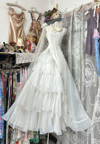 Vintage A Line Straps Beaded White Layered Organza Long Prom Dress SH5243