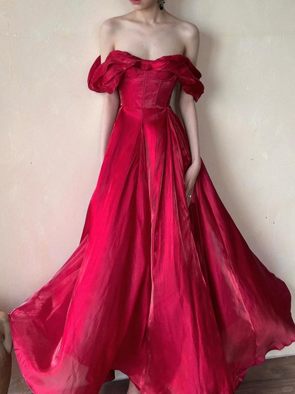 Stunning Burgundy A Line Off the Shoulder Satin Long Prom Dress Party Dress Outfits SH4964