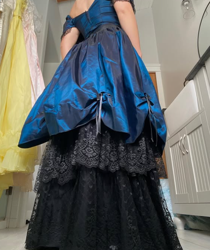 Vintage A Line Blue Satin Black Lace Prom Dress Evening Dress SH5901