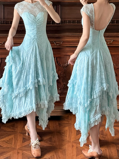 Vintage Blue A Line Lace Backless Prom Dress Evening Dress SH5659