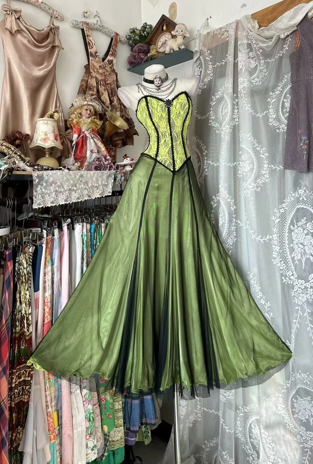 Vintage Green A Line Strapless Lace Satin Tulle Prom Dress Evening Dress SH5854