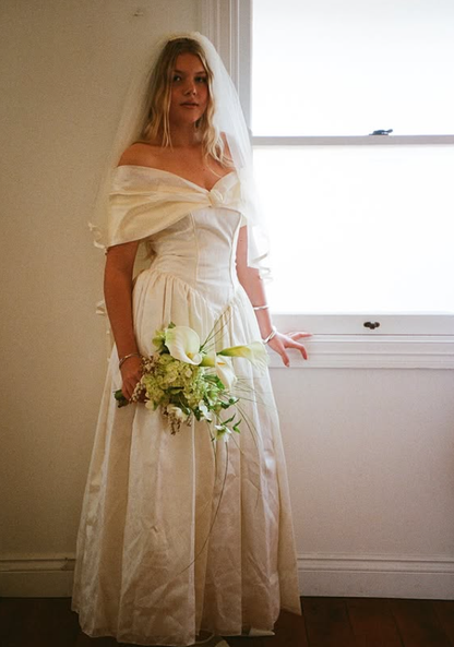 Vintage Classic A Line Off the Shoulder Ivory Satin Wedding Dress SH6172