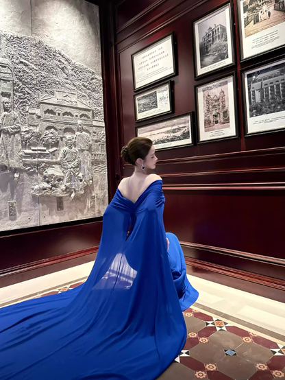 Stunning Royal Blue Mermaid Off the Shoulder Chiffon Prom Dress Party Dress Formal Dress SH3664