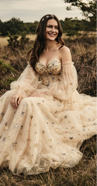 Sweetheart Champagne Tulle Bubble Sleeves Long A Line Prom Dress Beaded Evening Dress KS7039