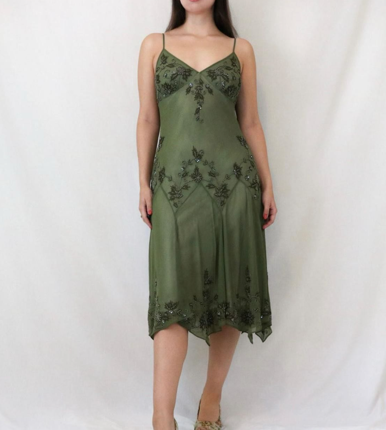 Vintage Green Spaghetti Straps Beaded Chiffon Tea Length Prom Dress SH1017