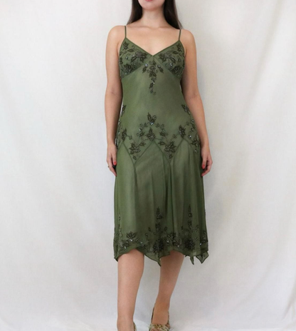 Vintage Green Spaghetti Straps Beaded Chiffon Tea Length Prom Dress SH1017