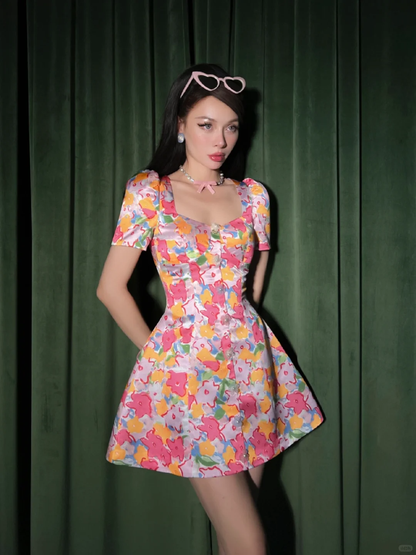 Vintage A Line Pink Print Floral Satin Birthday Dress Homecoming Dress Outfits SH4240