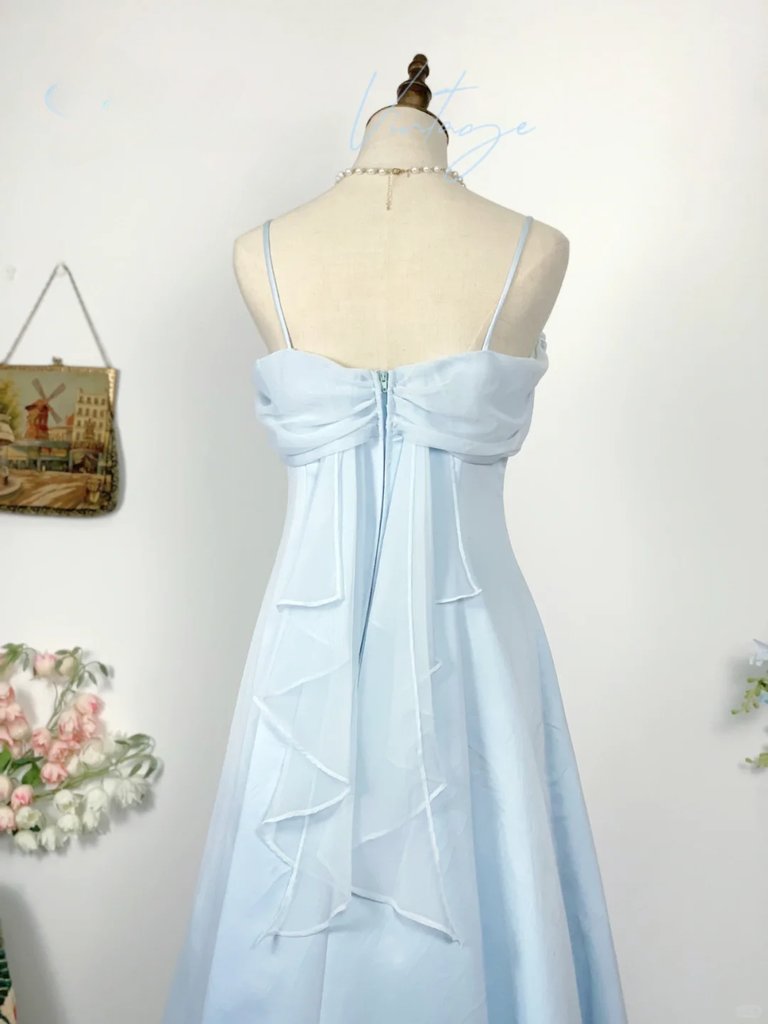 Vintage Baby Blue Simple A Line Spaghetti Strap Chiffon Satin Prom Dress Outfits SH4951