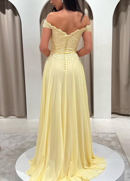 Summer Light Yellow A Line Lace Chiffon Long Prom Dress Party Evening Dress SH5706