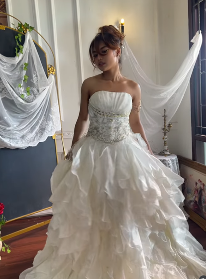 Stunning Vintage Ball Gown Strapless Exquisite Beaded Layered Organza Prom Dress SH5382
