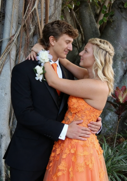 Strapless Tulle Appliques Long Evening Dress Orange Prom Dress SH965