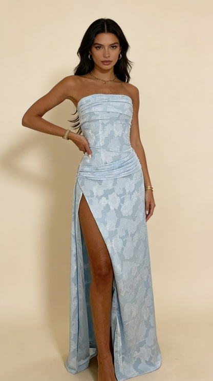 Light Blue Strapless Sheath Split Long Party Dress Wedding Guest Dress, D355