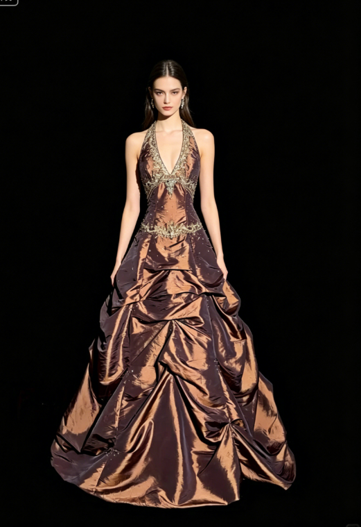 Vintage Ball Gown Halter Brown Sleeveless Long Prom Gown Fairy Prom Dresses SH3091