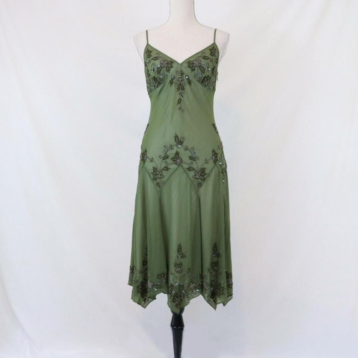 Vintage Green Spaghetti Straps Beaded Chiffon Tea Length Prom Dress SH1017