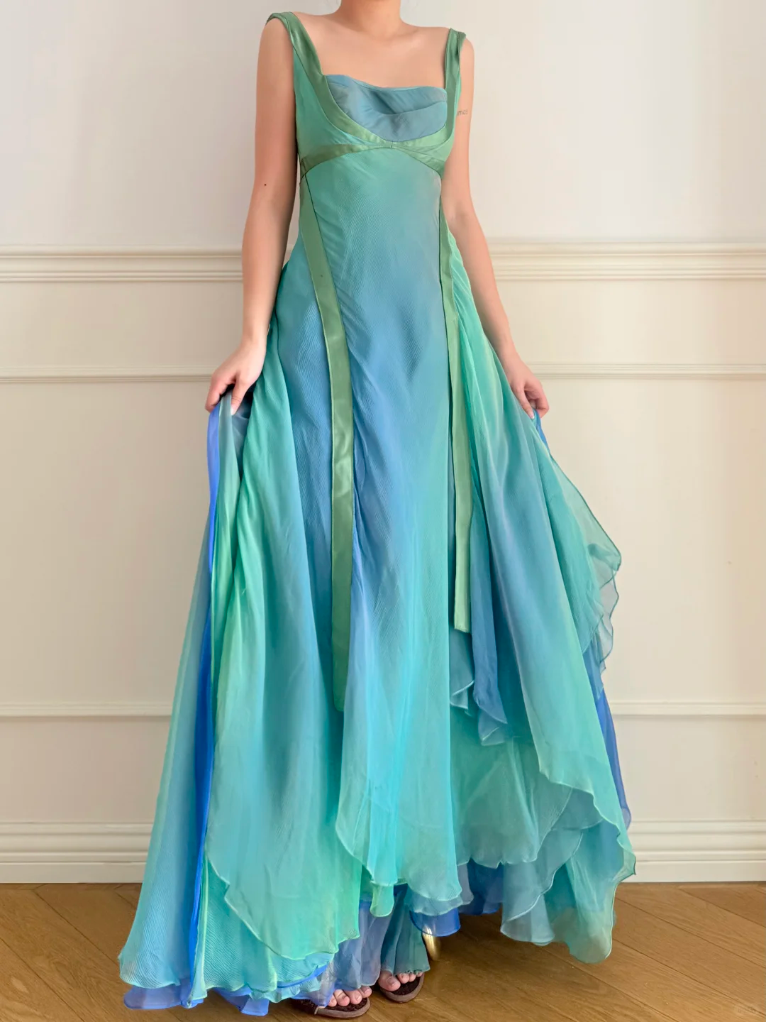 Vintage Dreamy A Line Blue Green Ombre Chiffon Prom Dress Wedding Guest Dress SH5438