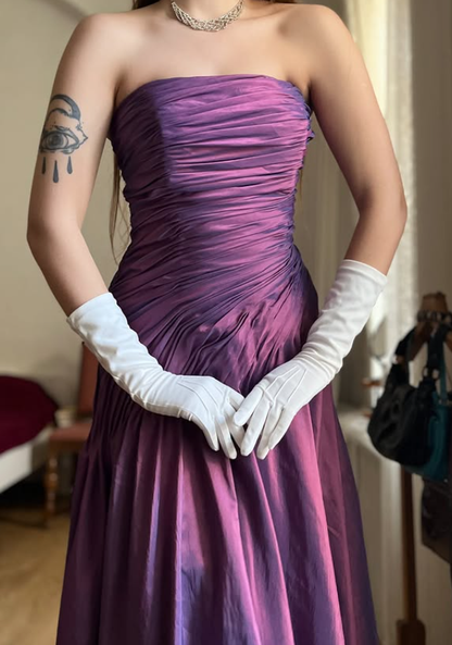 Vintage A Line Strapless Pleated Purple Satin Prom Dress Evening Dress SH6071