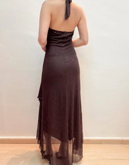 Vintage Brown Halter Neck Sheath Chiffon Long Evening Party Dresses, D1026