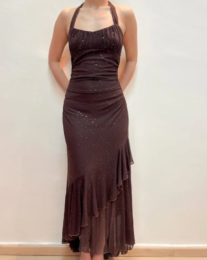 Vintage Brown Halter Neck Sheath Chiffon Long Evening Party Dresses, D1026