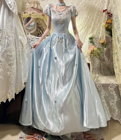 Gorgeous Short Sleeve Bateall Pearl Pleated  Sweet 16 Prom Dress Quinceanera Dress with Handmade flower D1762