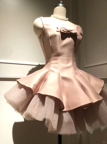 Sweet Straps Crew Neck Tiered Ruffle Short Back to School Outfits Homecoming Dress with Bowknot   D1783