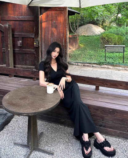 Elegant V-Neckline Sheath Short Sleeves Pleated Ankle Length Dress Party Dress Women Dress Summer Dress D1789