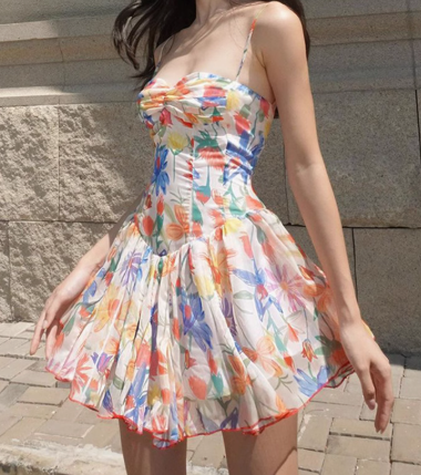 Sweet A Line Spaghetti Straps Printing Tulle Short Summer Seaside Dress Vacation Dress Women Dress  D1816