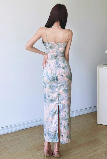 Elegant Spaghetti Strap Lace Neck Sheath Floral Print Vacation Vibes Long Dress Summer Dress Women Dress  D1838
