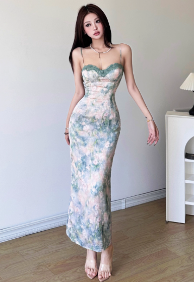 Elegant Spaghetti Strap Lace Neck Sheath Floral Print Vacation Vibes Long Dress Summer Dress Women Dress  D1838