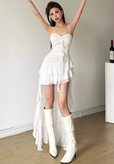 Minimalist Hi-Lo Spaghetti Straps Pleated Asymmetric Ruffle Hem Casual Chic Dress Dating Dress Summer Dress  D1839