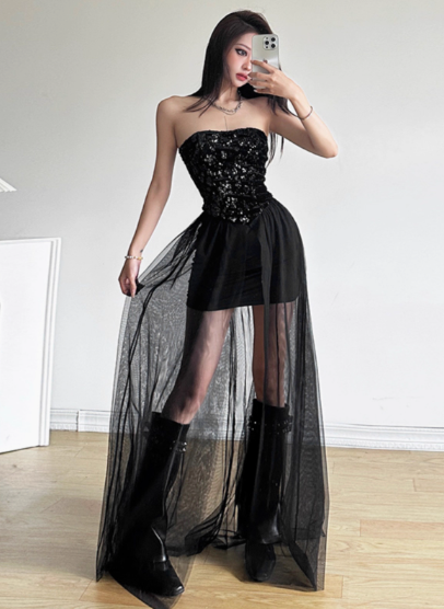 Minimalist Shiny Black Strapless Pleated Tiered Tulle Dress Dating Dress Party Dress Summer Dress Women Dress  D1841