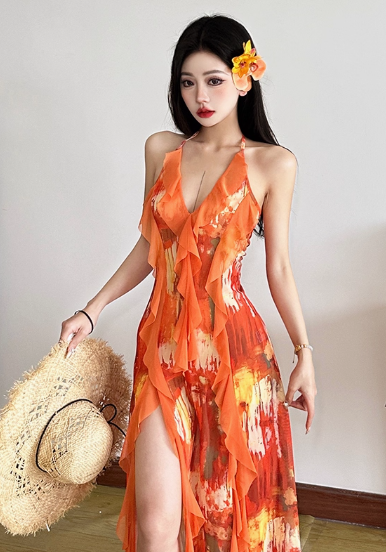 Summer Seaside Halter Printing Ruffle Long Dress Women Dress Dating Casual Chic Dress  D1845