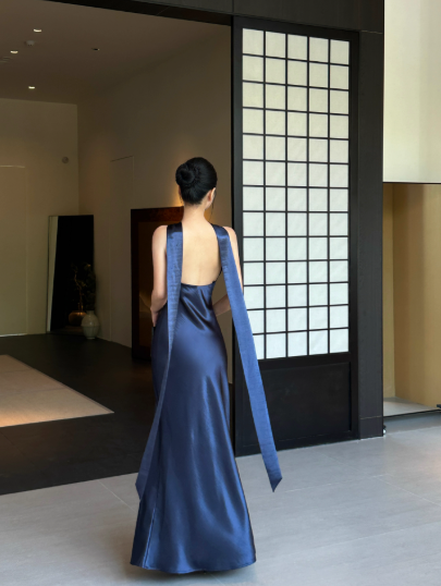 French Chic Halter Pleated Ankle Length Skirt Evening Dress Birthday Party Dress Cocktail Dress   D1849