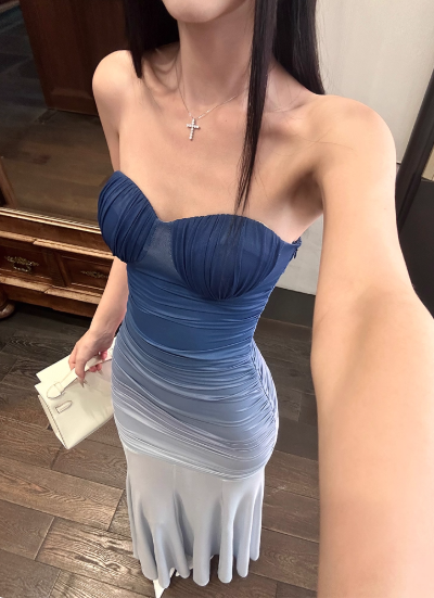 Elegant Sweetheart Neck Gradient Blue Pleated Slim Fit Waist Mermaid Maxi Dress Women Summer Dress  D1856