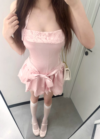 Sweet A-line Halter Open-Back Pleated Bowknot Short Skirt Women Date Dress Summer Dress    D1886