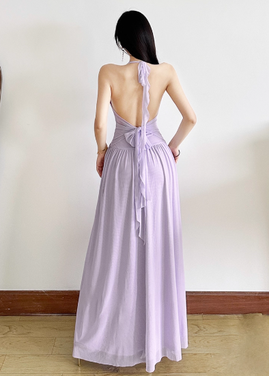 Elegant V-Neck Halter Backless Pleated Ruffle Slit Summer Maxi Dress Women Seaside Dress    D1889
