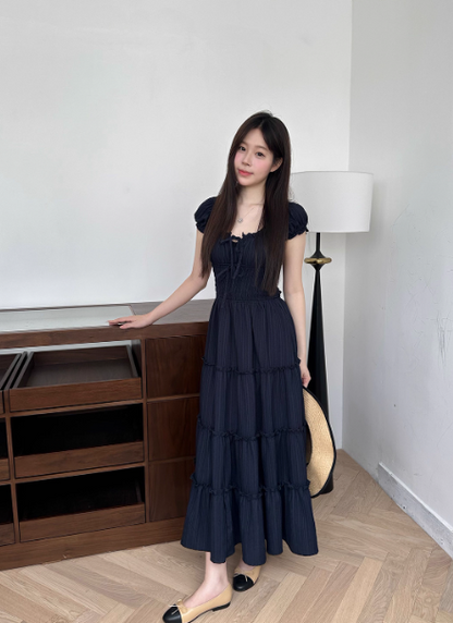 Minimalist Square Neckline Lace-up Pleated Ruffle Long Skirt Summer Dress Women Dress  D1907