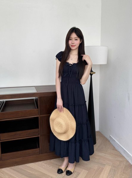 Minimalist Square Neckline Lace-up Pleated Ruffle Long Skirt Summer Dress Women Dress  D1907