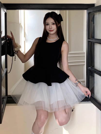 Sweet Crew Neck Pleated Tulle Short Skirt Princess Dress Summer Women Date Dress  D1921