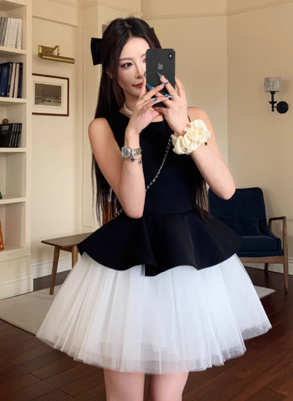 Sweet Crew Neck Pleated Tulle Short Skirt Princess Dress Summer Women Date Dress  D1921