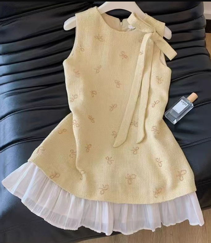 Sweet Crew Neck Bowknot Ruffle Pleated Short Skirt Summer Date Dress Women Dress  D1930