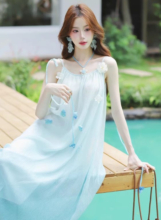 Island Spaghetti Straps Gradient Color Flower Long Vacation Dress Summer Women Dress  D1932