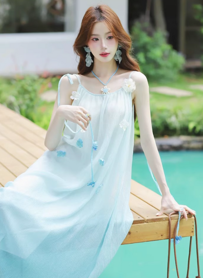 Island Spaghetti Straps Gradient Color Flower Long Vacation Dress Summer Women Dress  D1932