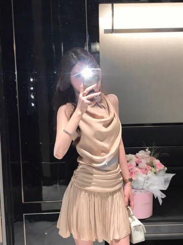 Vintage A Line Sleeveless Pleated Short Casual Skirt Women Summer Dress  D1933