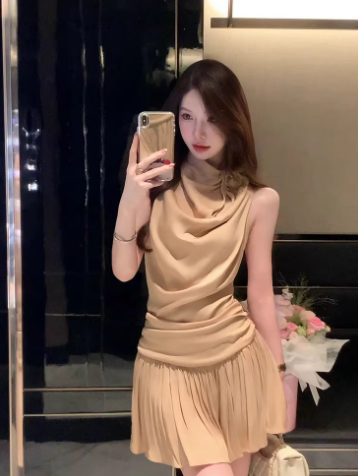 Vintage A Line Sleeveless Pleated Short Casual Skirt Women Summer Dress  D1933