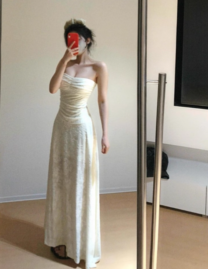 Vacation Strapless Pleated Irregular Hem Long Date Dress Women Summer Skirt  D1940